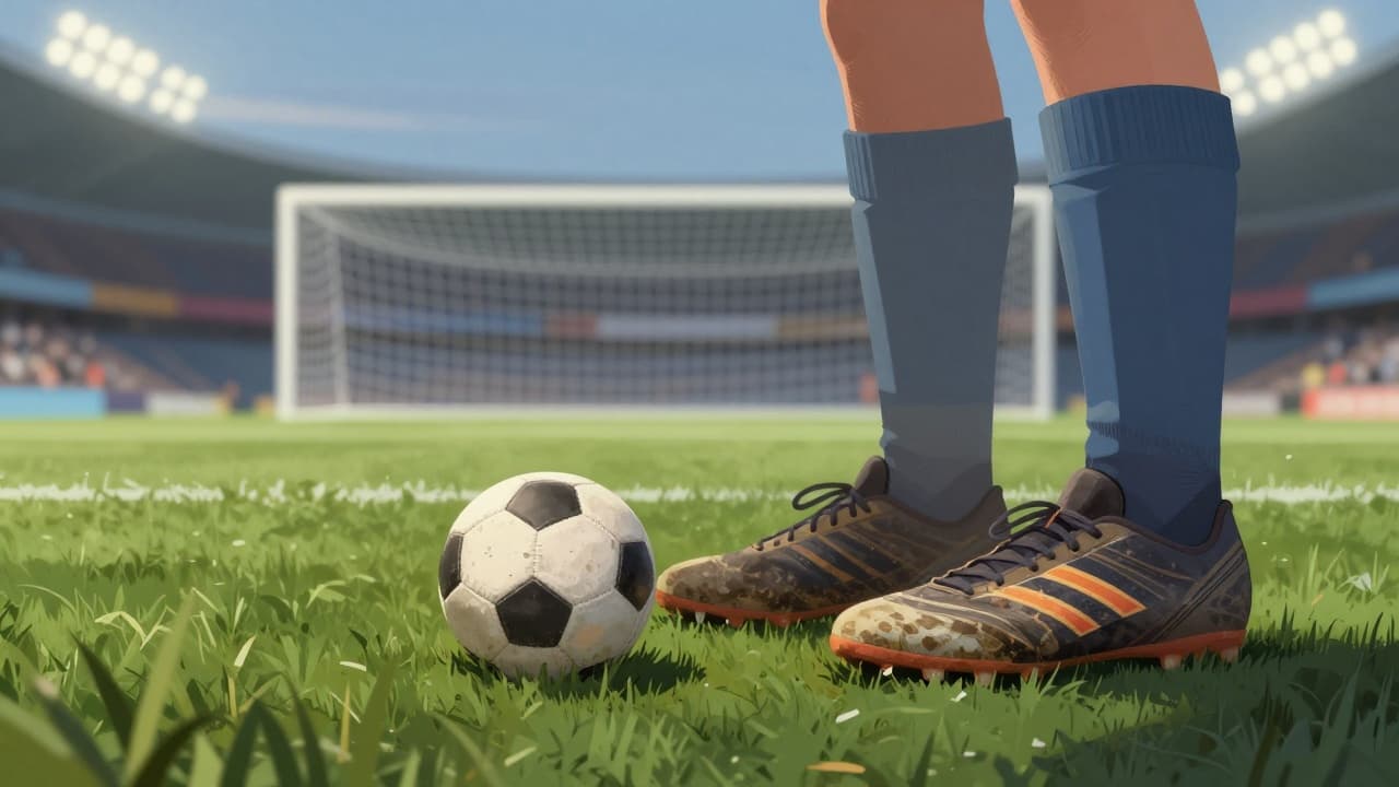 Football boots and ball on a stadium pitch